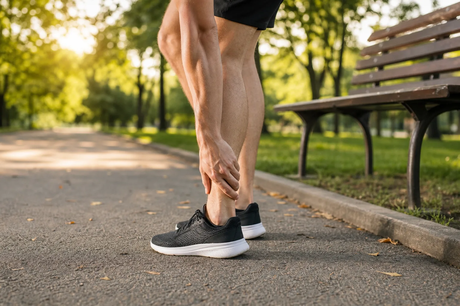 Runner holding the back of the heel where the Achilles tendon is located