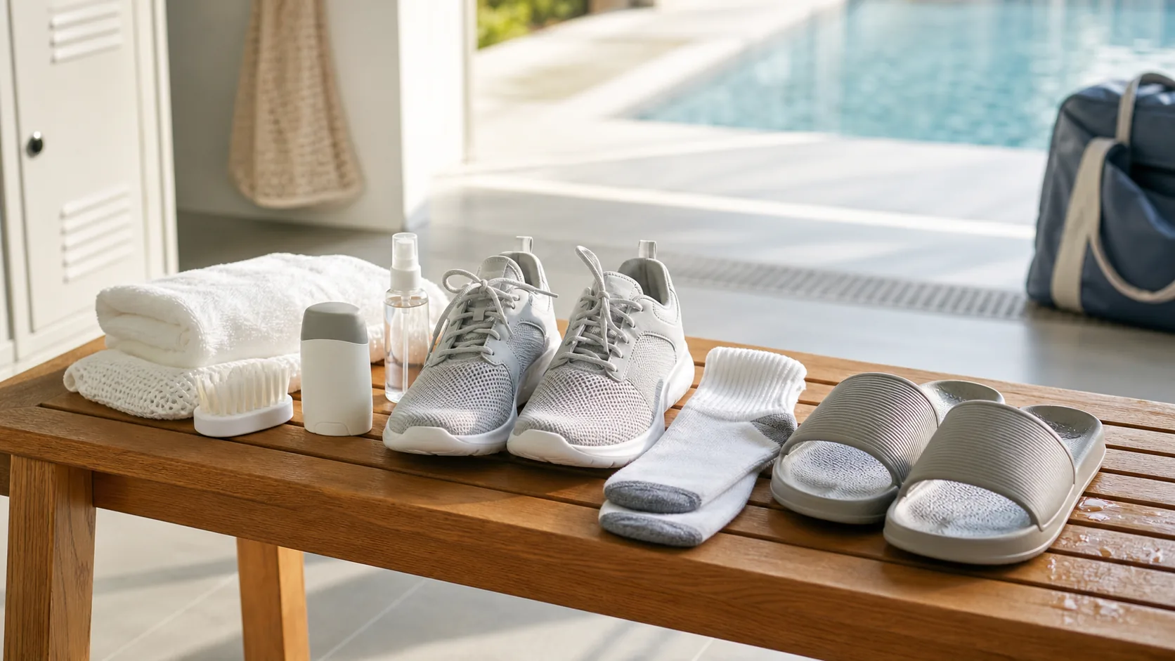 Clean summer footwear and foot-care items used to help prevent athlete's foot and toenail fungus