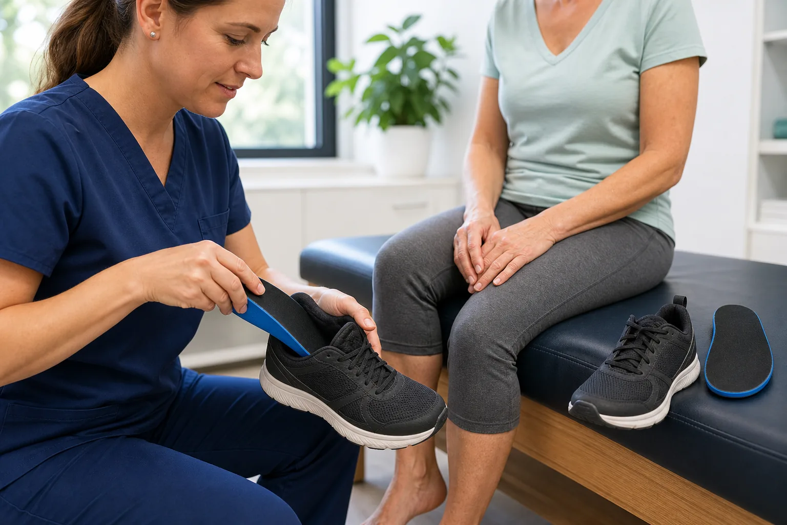 Podiatrist fitting a custom orthotic inside a supportive shoe