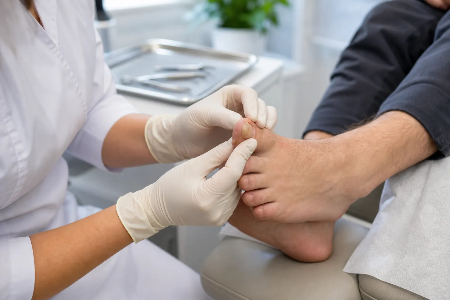 Podiatrist evaluating a thick discolored toenail before recommending treatment