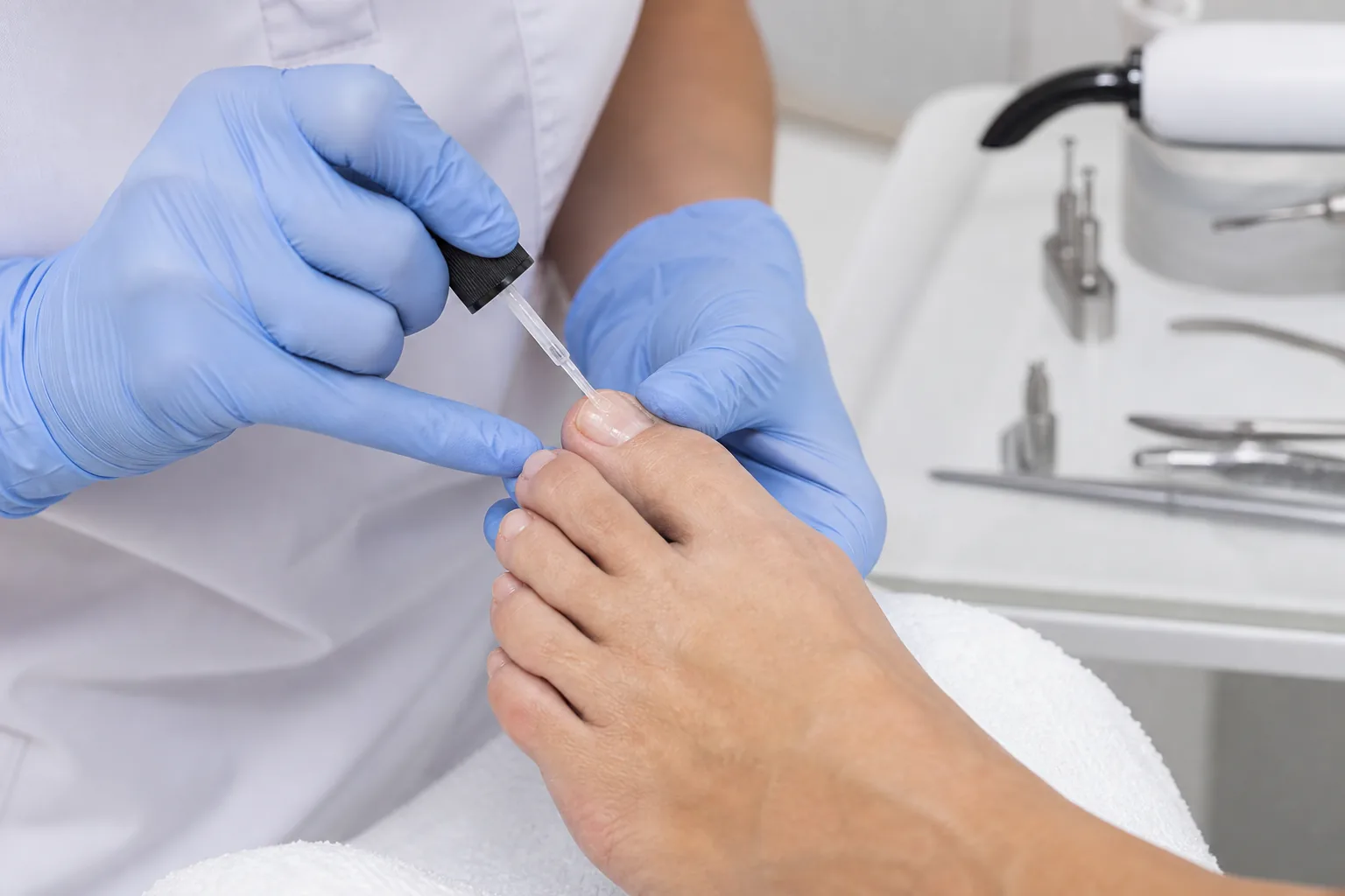 Podiatry professional applying cosmetic nail restoration resin in a clinical setting
