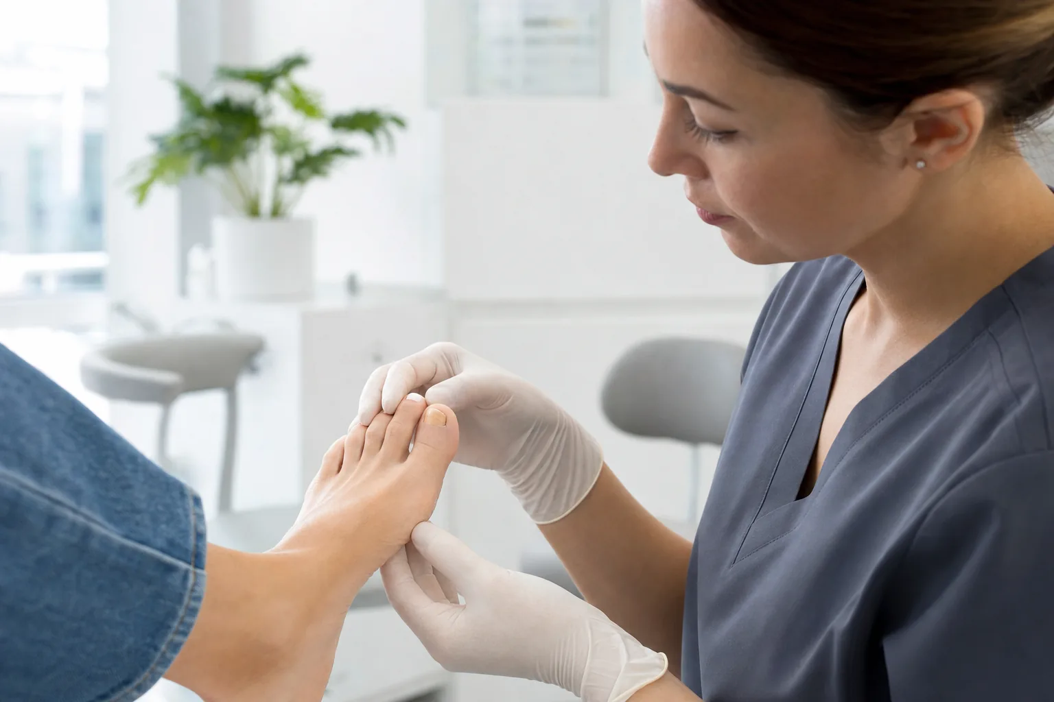 Podiatrist examining a damaged toenail before cosmetic restoration