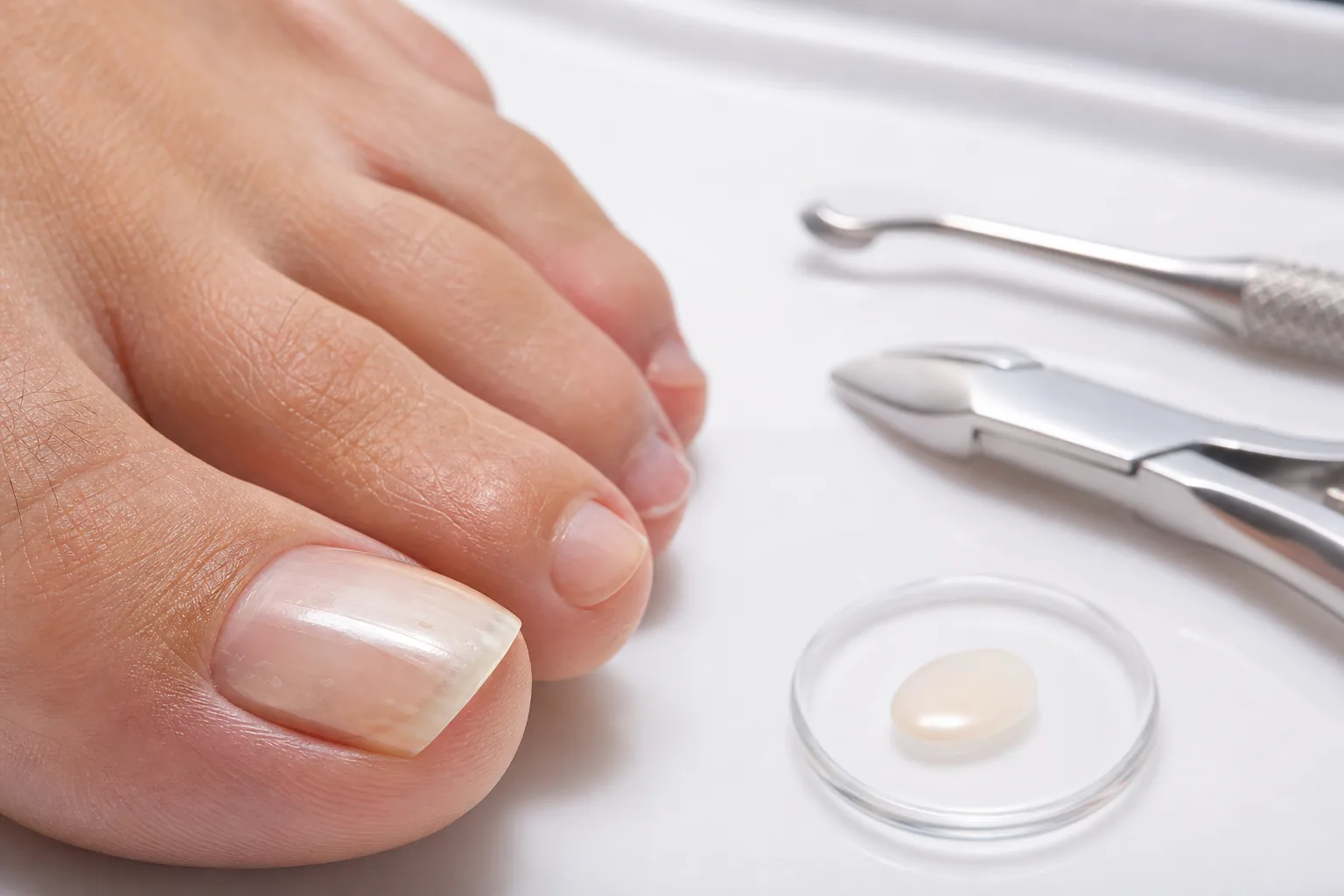 Close-up illustration of a flexible cosmetic toenail restoration over a natural nail