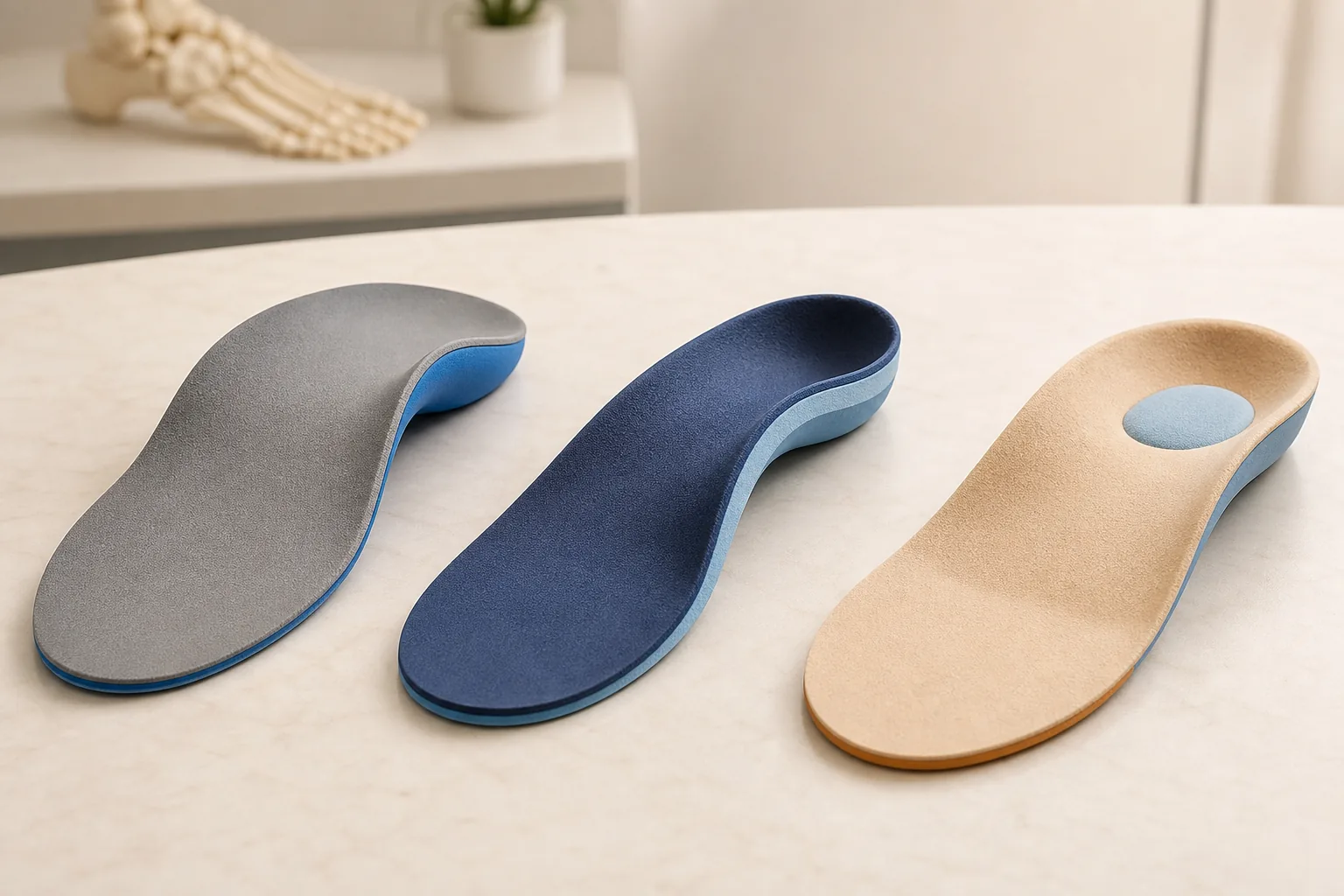 Different custom orthotic designs for flat arches, high arches, and pressure relief