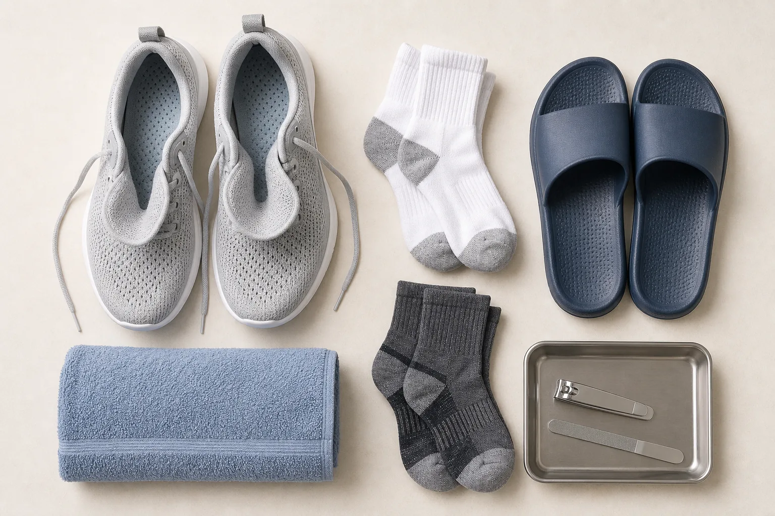 Breathable shoes, clean socks, shower sandals, and disinfected nail tools for fungus prevention