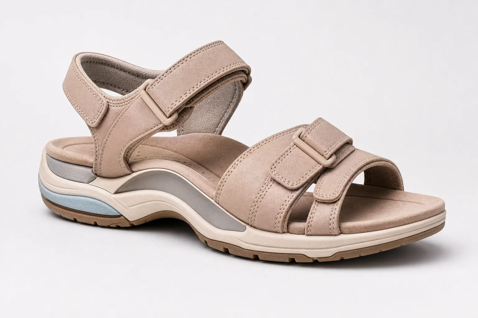 Supportive summer sandal with arch contour, heel cup, cushioning, and adjustable straps
