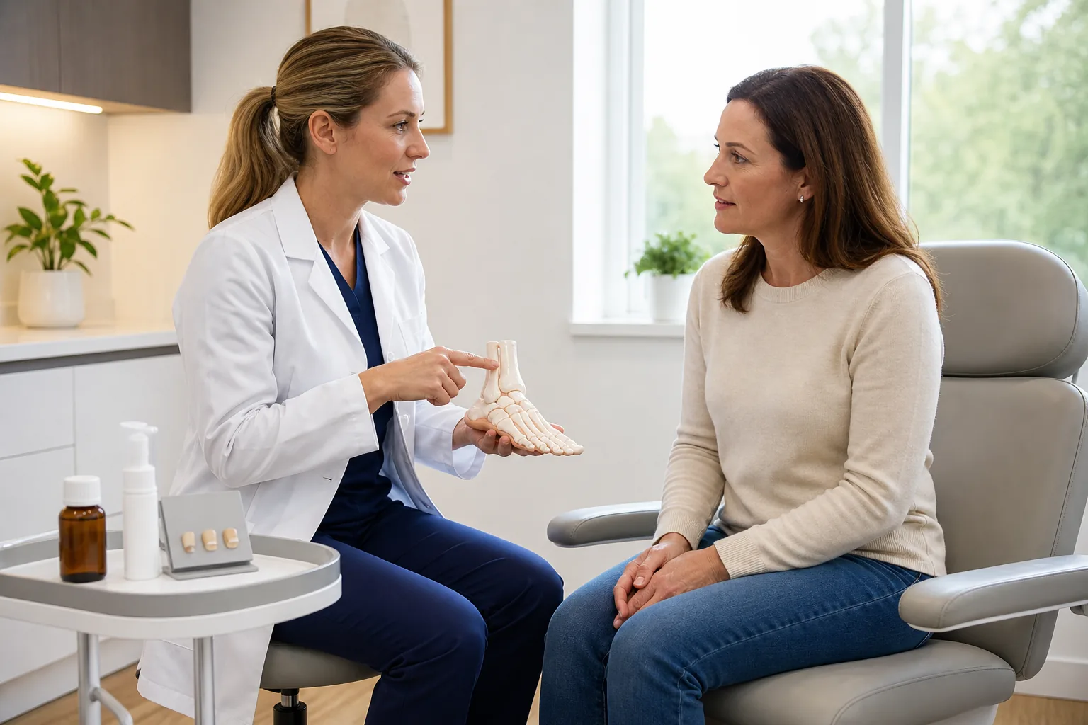 Podiatrist discussing toenail fungus treatment options with a patient
